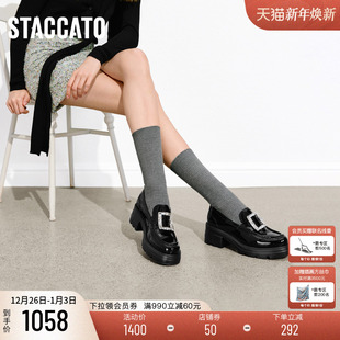 女鞋 厚底黑色小皮鞋 EEZ07AA6 方糖爵士英伦风乐福鞋 思加图2026新款