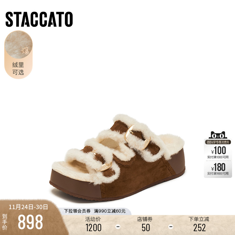 思加图复古毛毛鞋保暖一字拖女鞋