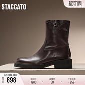 靴粗跟女皮靴9Y007DZ4 靴中靴时装 思加图新款 乌木玫瑰工装