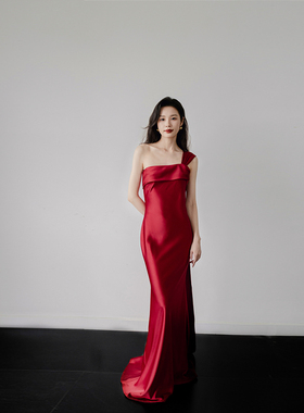Nomeives 2025新款缎面单肩鱼尾显瘦敬酒服新年答谢宴晚礼服