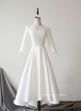 【白鹤】新款简约V领中长袖高级米卡多缎面出门领证婚纱前短后长