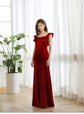 【红妆】新款收腰显瘦简约缎面齐地鱼尾新娘敬酒服宴会年会礼服