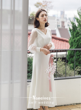 [白鸽]2025新款优雅气质轻婚纱简约缎面文艺复古旅行婚纱出门纱
