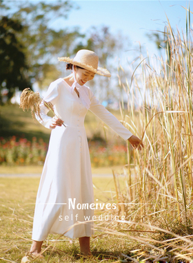 [白竹]春夏新款长袖简洁复古缎面旅拍轻婚纱户外草坪婚礼出门纱