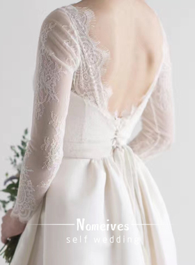 [花事]新款复古蕾丝缎面婚纱性感露背简约优雅婚纱森系婚纱