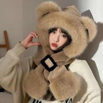 毛绒小熊加厚保暖帽子围巾一体帽d3370【鹿儿岛】