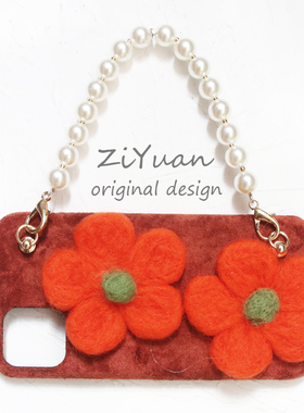 适用于iPhone13/12promax秋冬绒布羊毛花朵斜挎链xr/xs手机壳pl78