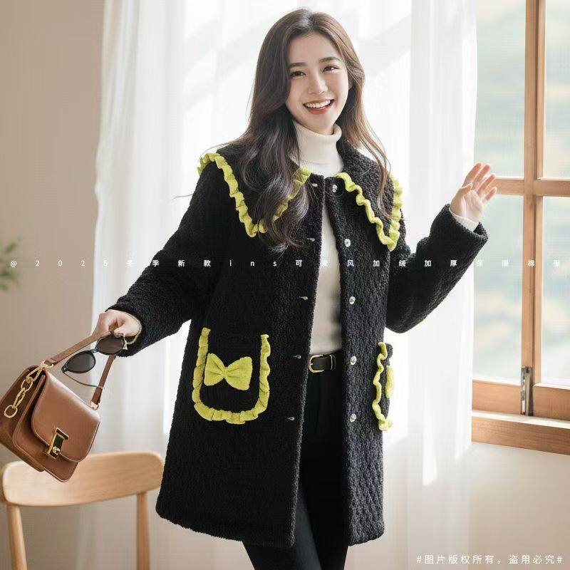 冬季新款女士外套中长款保暖棉衣时尚家居服加绒加厚棉服外穿棉袄