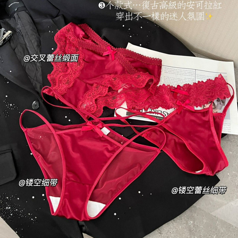 大红绷带~缎面蕾丝内裤无痕透明网纱纯棉裆部交叉性感低腰三角裤