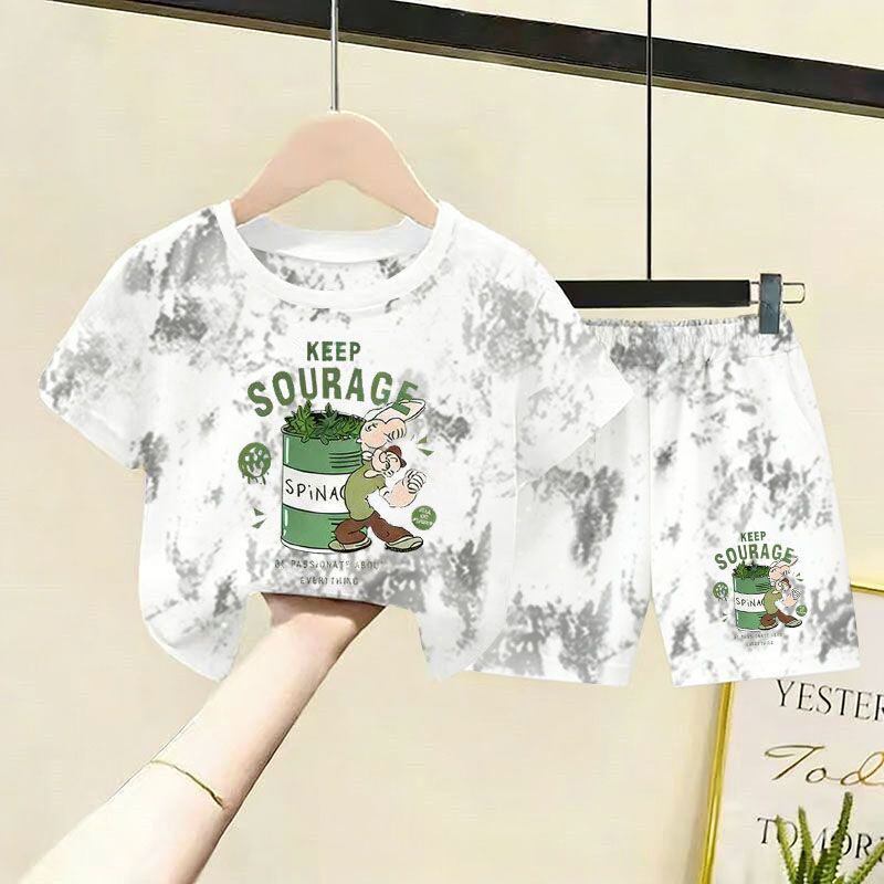 新款国潮卡通印花波菜扎染短袖T恤套装男女童夏季纯棉洋气两件套9