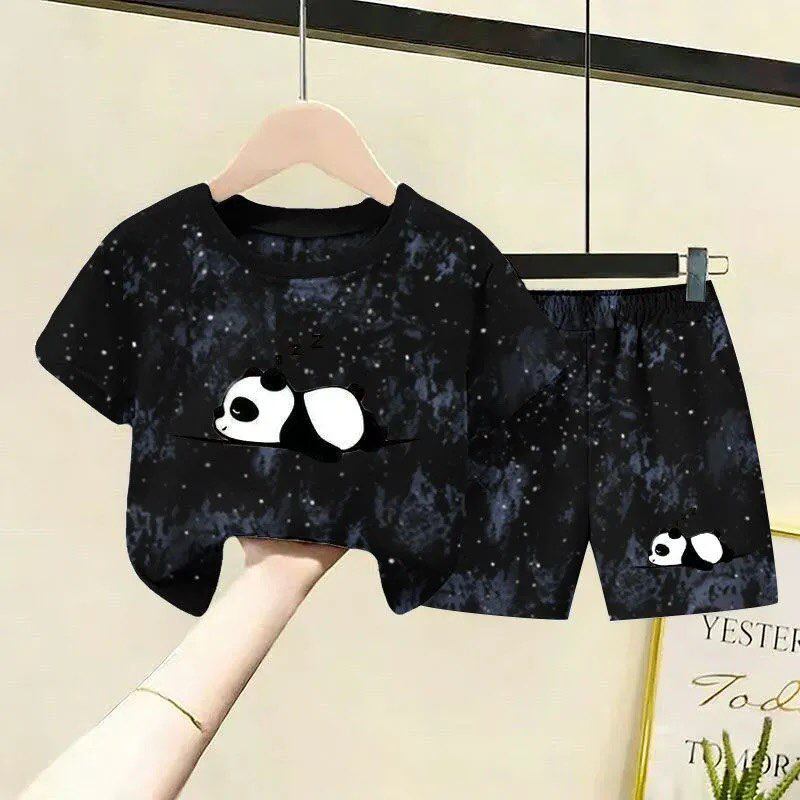 新款国潮卡通印花熊猫扎染短袖T恤套装男女童夏季纯棉洋气两件套9