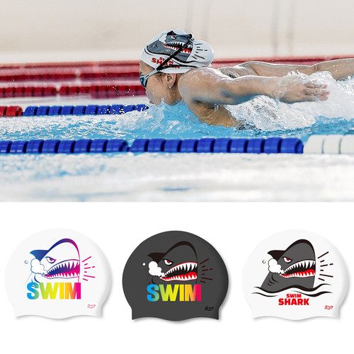 SD7新款硅胶成人儿童泳帽防水不勒头舒适炫酷鲨鱼时尚图案游泳帽