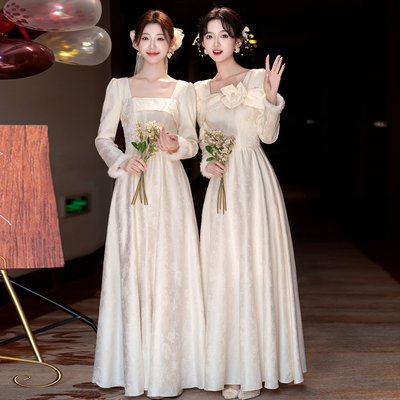 香槟色大码伴娘服胖mm显瘦2025冬季高级感长袖姐妹服伴娘团礼服裙