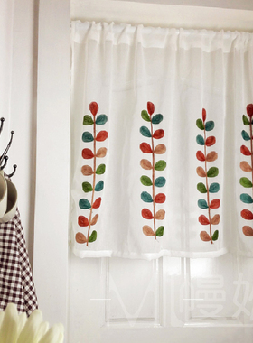 门帘立体叶子刺绣窗纱高档咖啡半帘日式百搭定制棉麻隔断遮挡帘