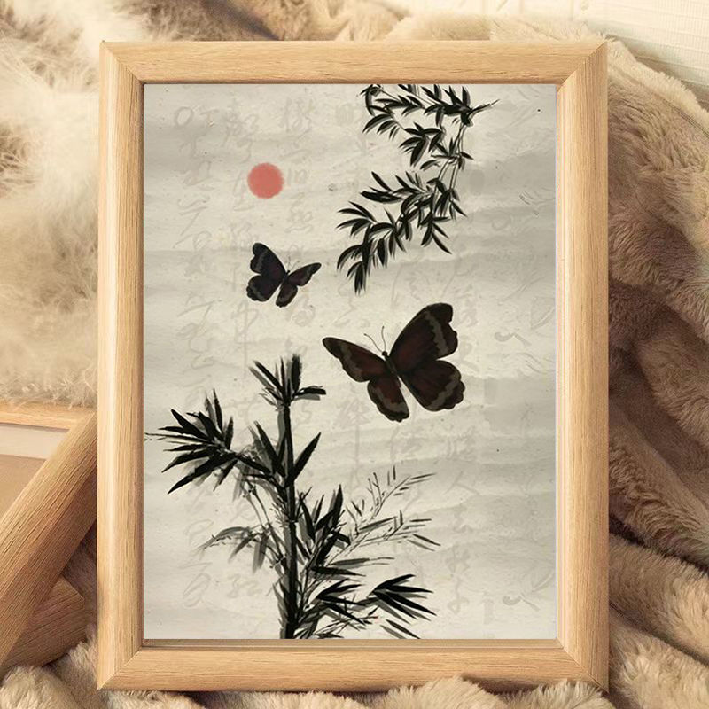 蝴蝶竹子水墨画中式房间艺术摆画相框书房挂墙装饰画精致方形挂画图片
