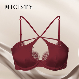 Micisty/密汐皙迪性感缎面交叉绑带美背内衣睫毛蕾丝薄款文胸套装