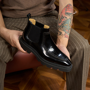 英伦复古马丁靴男士真皮商务正装布洛克切尔西靴厚底增高高帮男鞋
