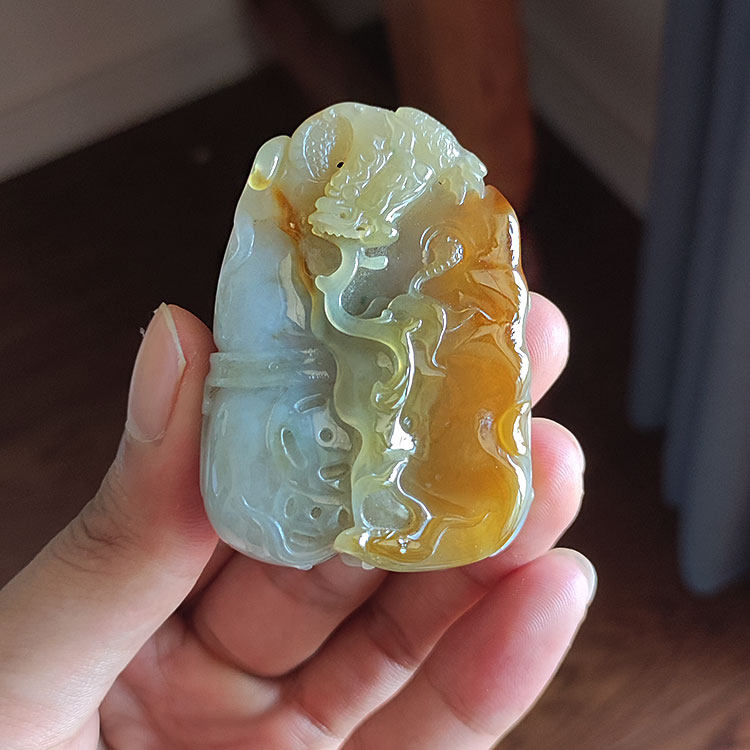翠缘斋玉石天然红黄翡起胶感龙凤呈祥玉佩缅甸A货龙凤吊坠配证书