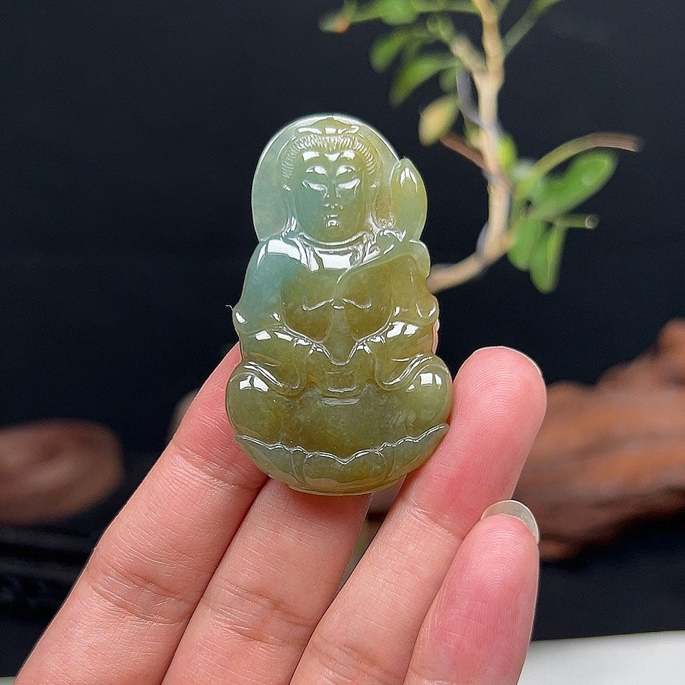 天然冰透黄翡玉石玉观音吊坠缅甸A货翡翠观音菩萨玉佩护法项坠