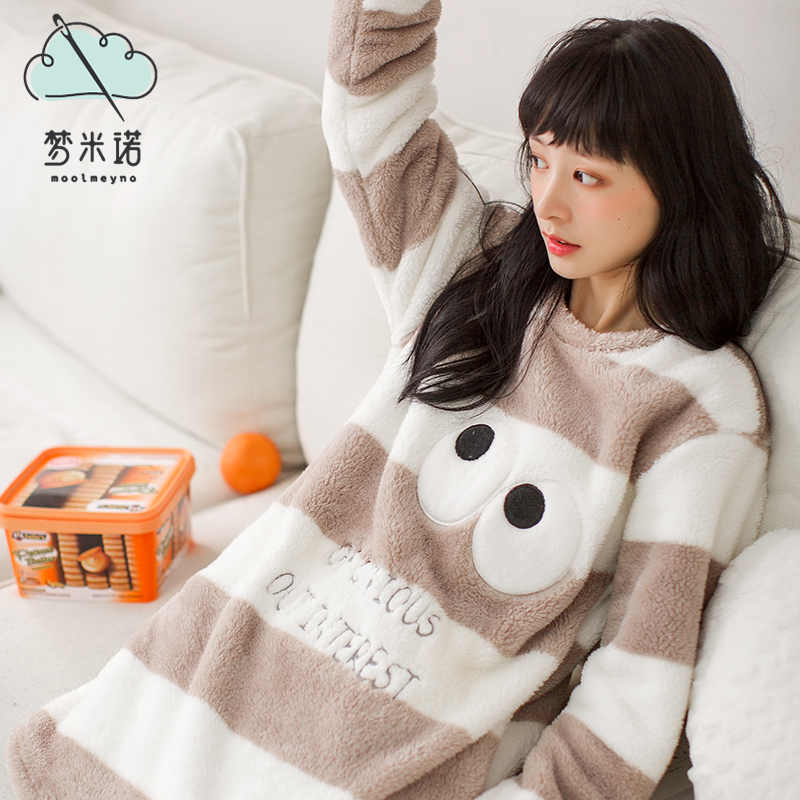 秋冬加厚套头珊瑚绒睡衣女冬季法兰绒可爱卡通家居服长袖保暖套装