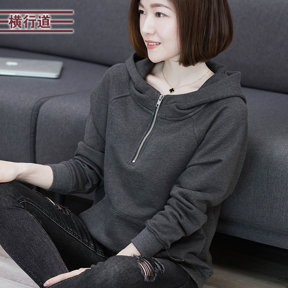 2025春装纯棉中年妈妈连帽卫衣女装宽松长袖拉链全棉上衣黑色大码