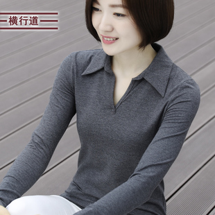 领大码 女装 简约职业装 冬装 t恤带领纯色打底衫 有领衬衫 v领长袖 新款