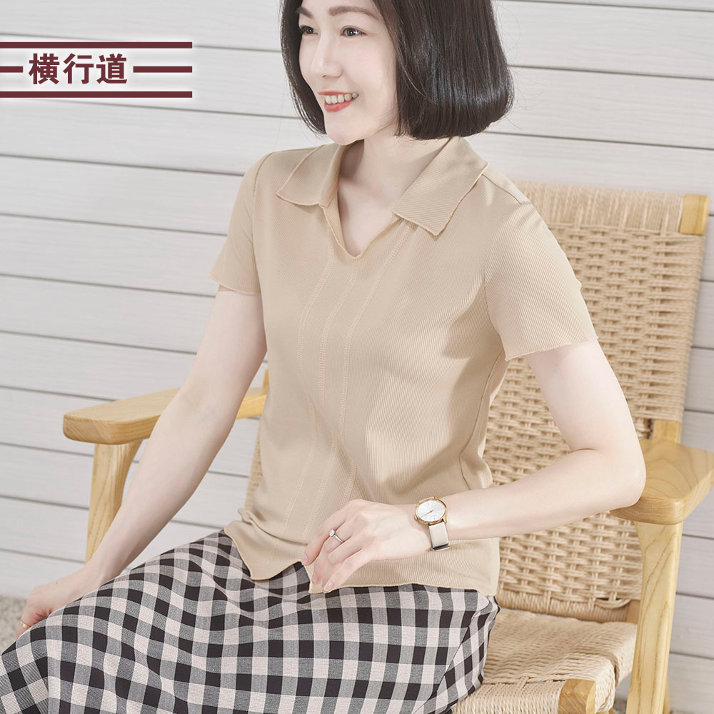 横行道新款简约翻领坑条纯色短袖