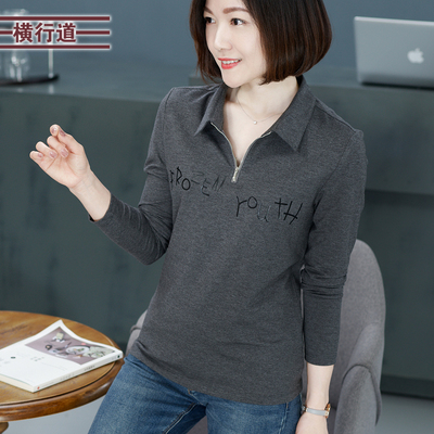 秋季女装翻领拉链长袖英文字母印花休闲宽松纯色t恤黑上衣打底衫