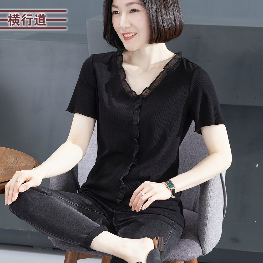 宽松黑色短袖蕾丝女t恤纯色新款
