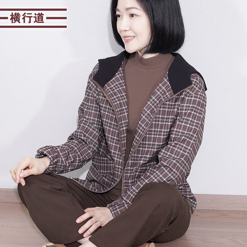 横行道连帽拼色格子外套复古