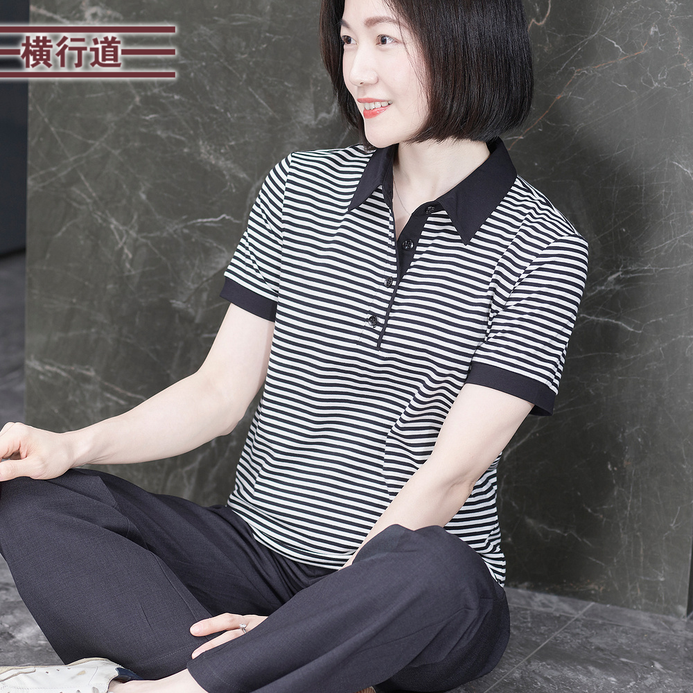 横行道翻领条纹宽松休闲短袖女