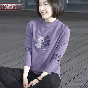 妈妈长袖 2025新款 女宽松大码 春季 T恤女绣花上衣 纯色半高领打底衫