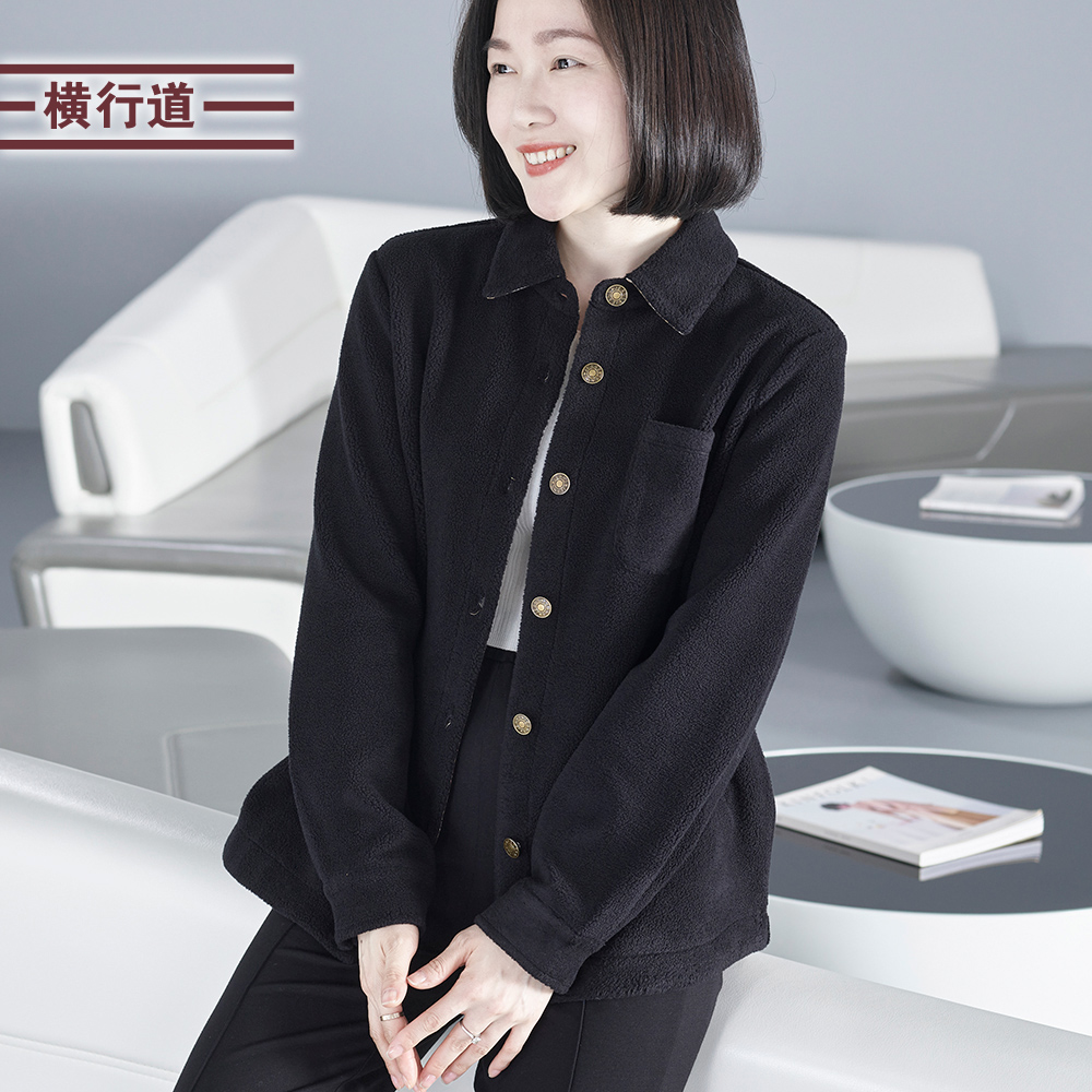 纯色翻领摇粒绒排扣长袖外套女