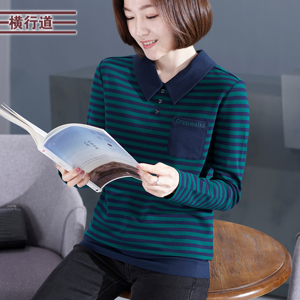 横行道长袖海军风基础款条纹刺绣
