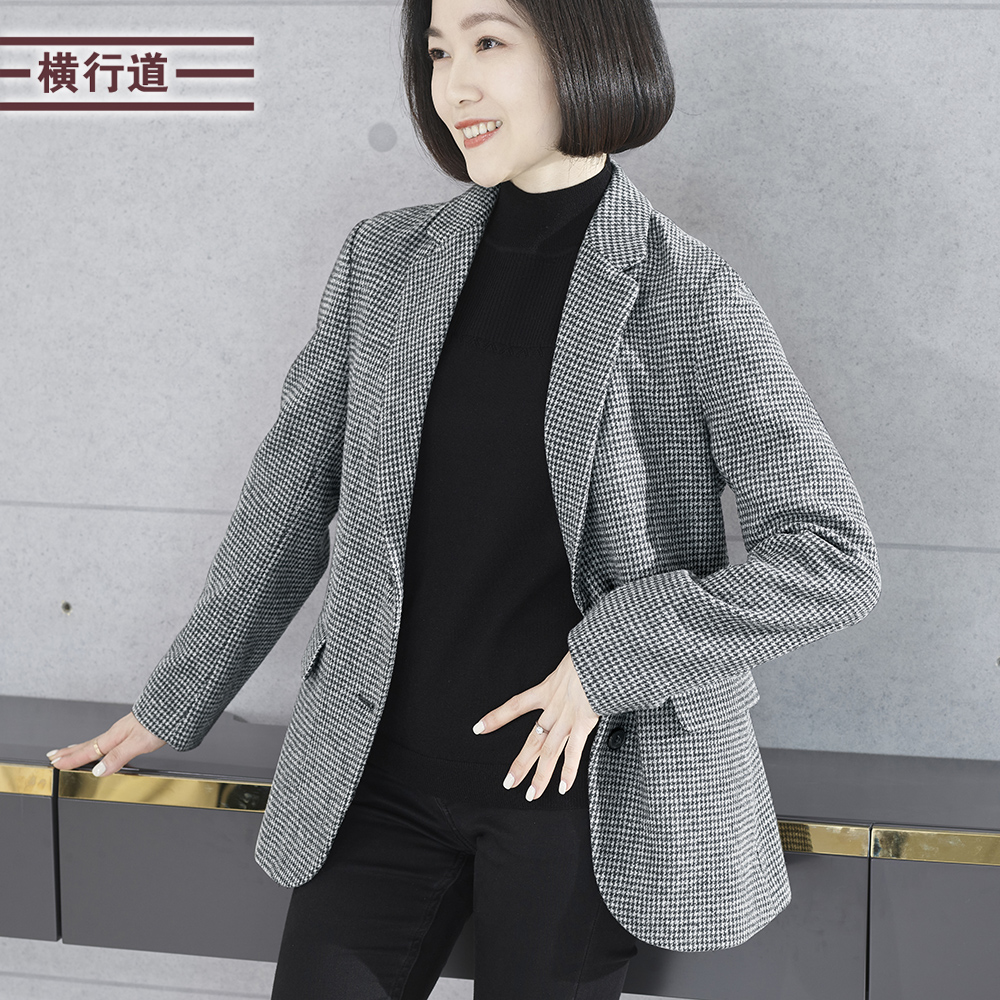 千鸟格宽松长袖西装韩版气质大码妈妈女上衣显瘦2025新款冬装外套