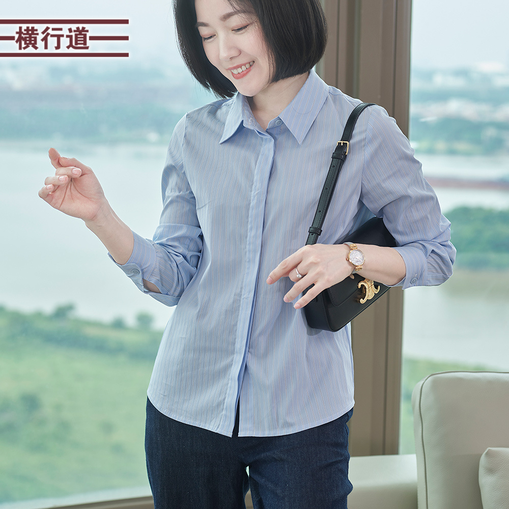横行道竖条纹长袖衬衫女装
