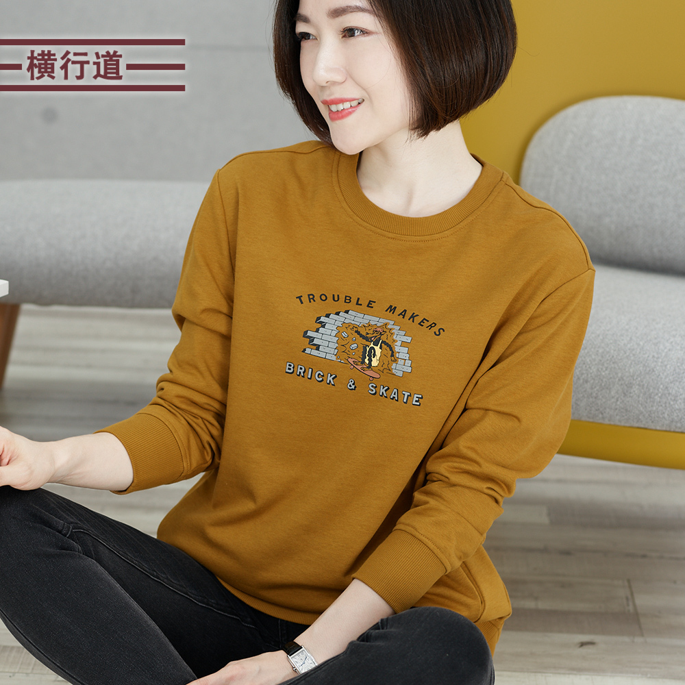 横行道印花卫衣女装大码韩版上衣2025春装圆领宽松纯色长袖打底衫