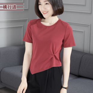 上衣潮 圆领纯色短款 短袖 T恤女2025新款 夏不规则折褶宽松简约大码