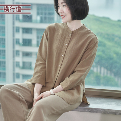 横行道立领宽松衬衫女长袖上衣