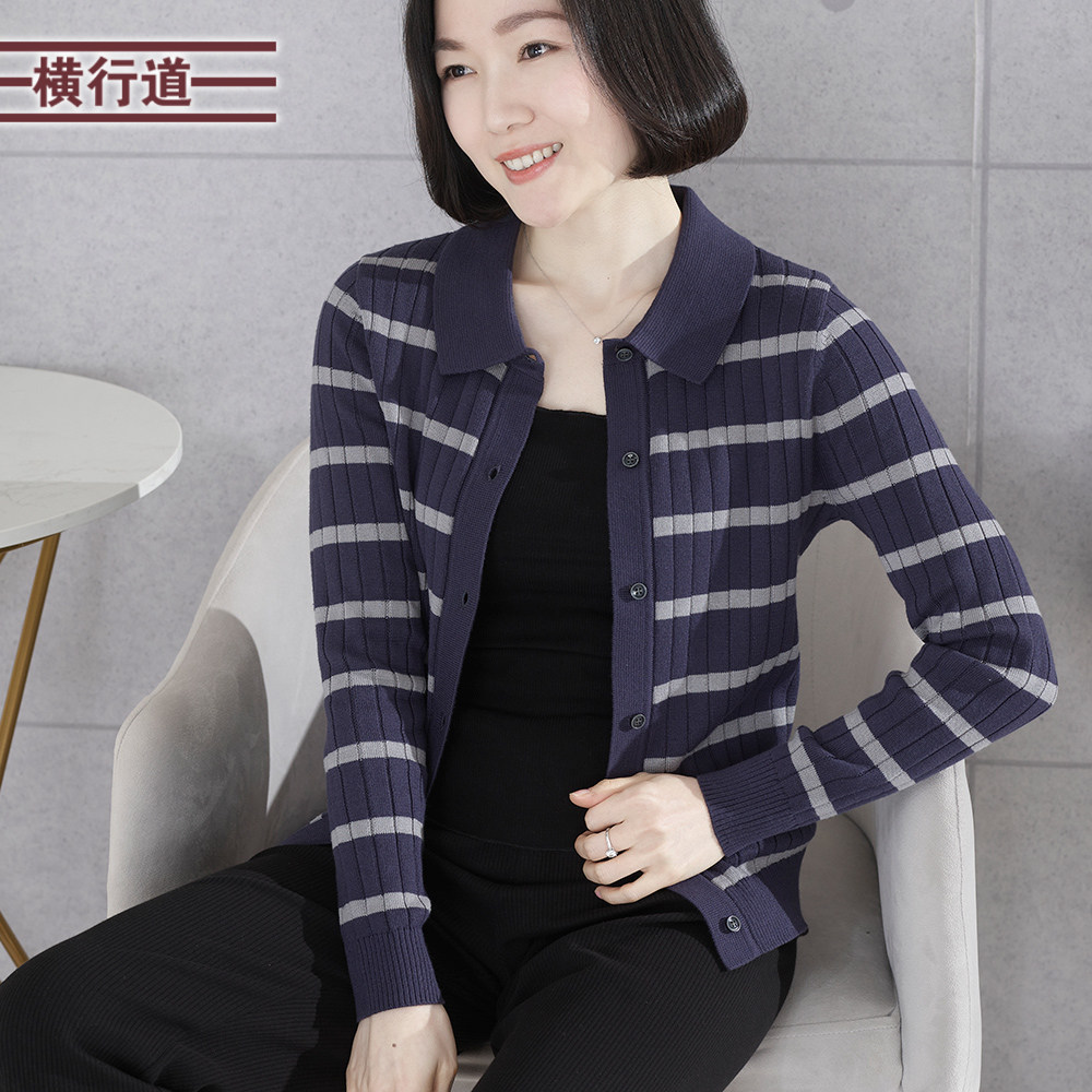 2025新款春装条纹长袖开衫毛衣宽松妈妈中年大码