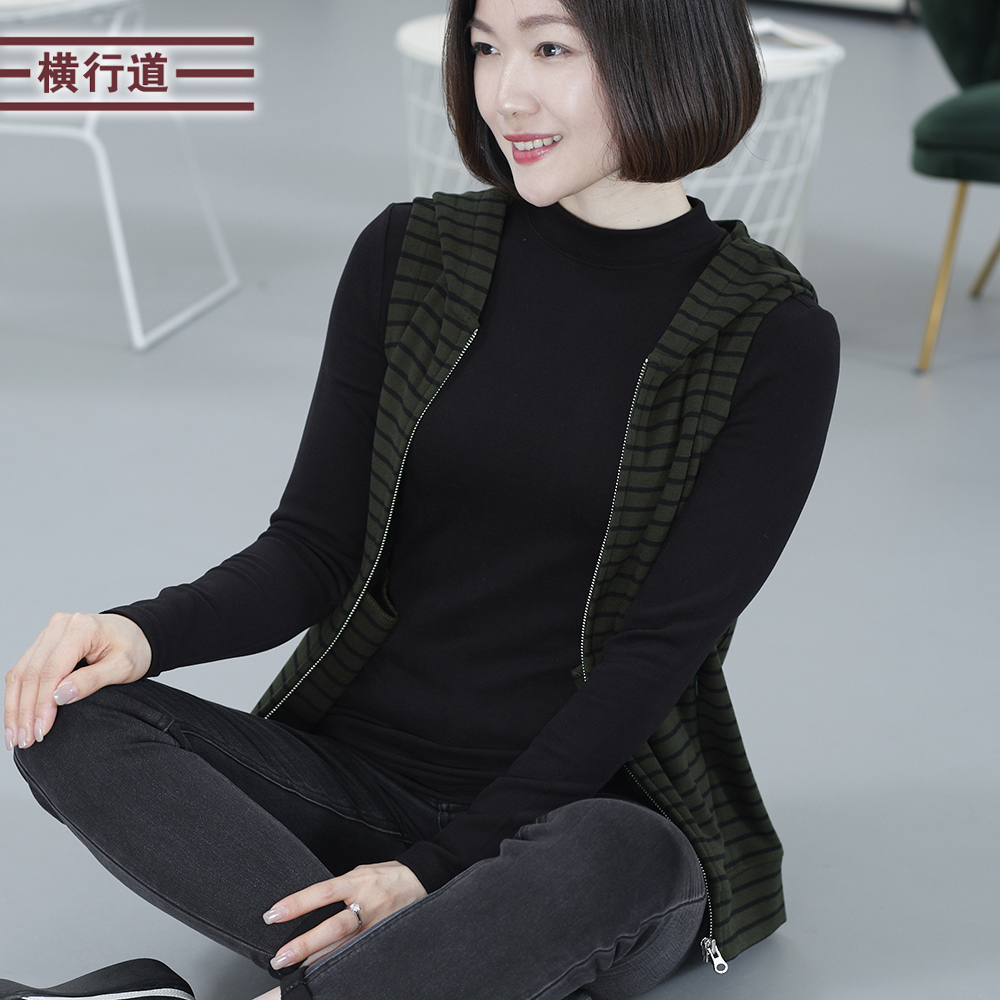 2025春装新款连帽条纹无袖背心马甲带帽大码中年外套女装拉链上衣