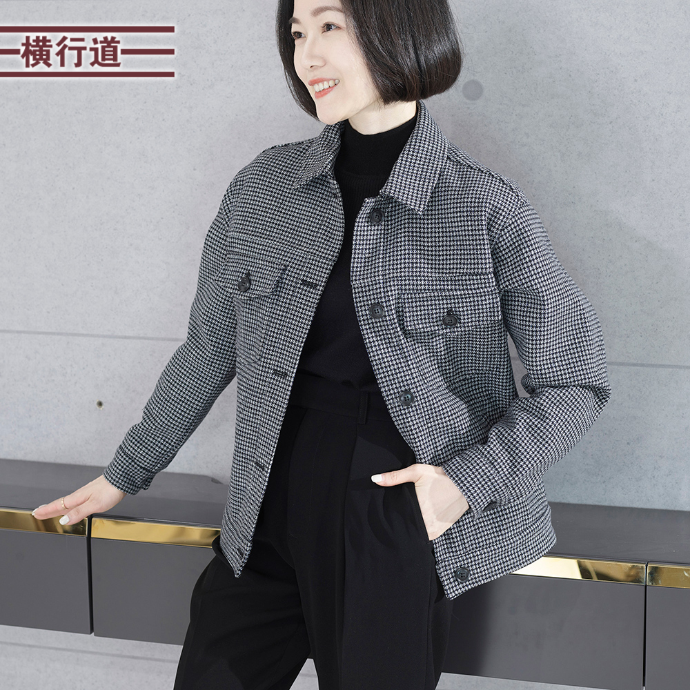 横行道翻领千鸟格长袖外套女