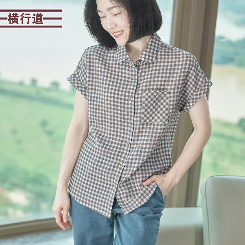 横行道口袋黑白格子短袖衬衫