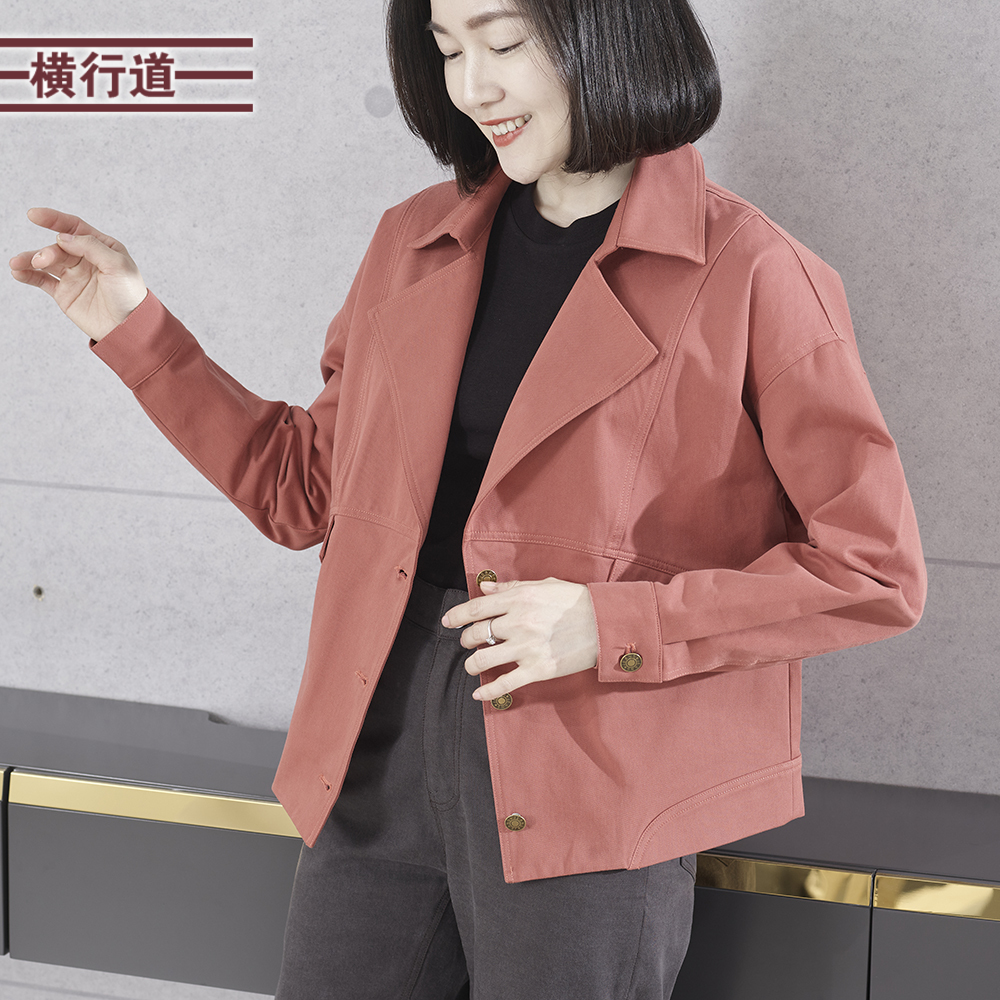 韩版纯色翻领宽松长袖短款外套