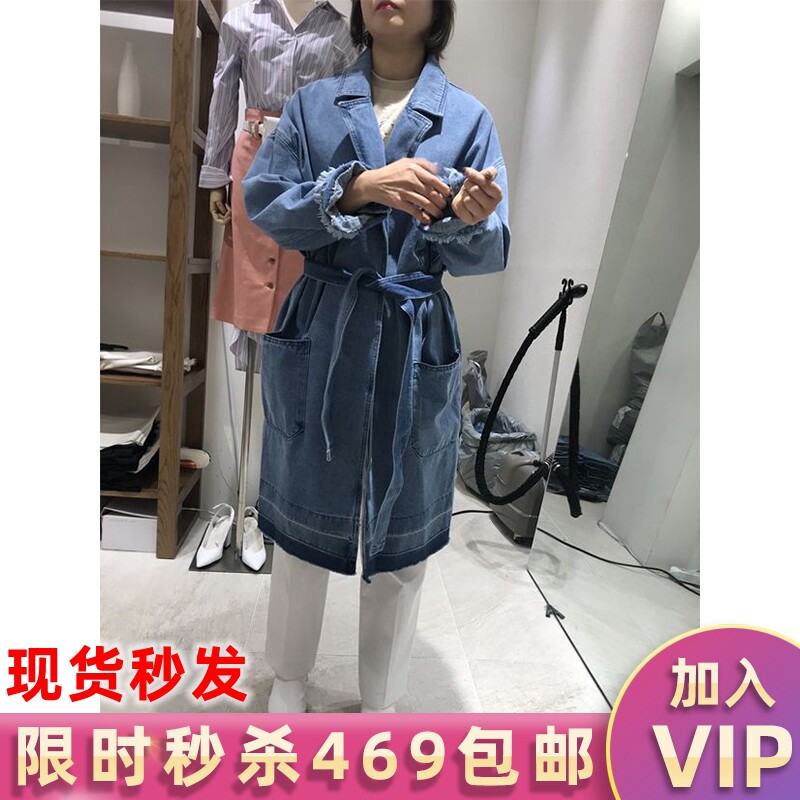 韩国东大门代购chic牛仔风衣女中长款春装新款休闲外套侧开叉
