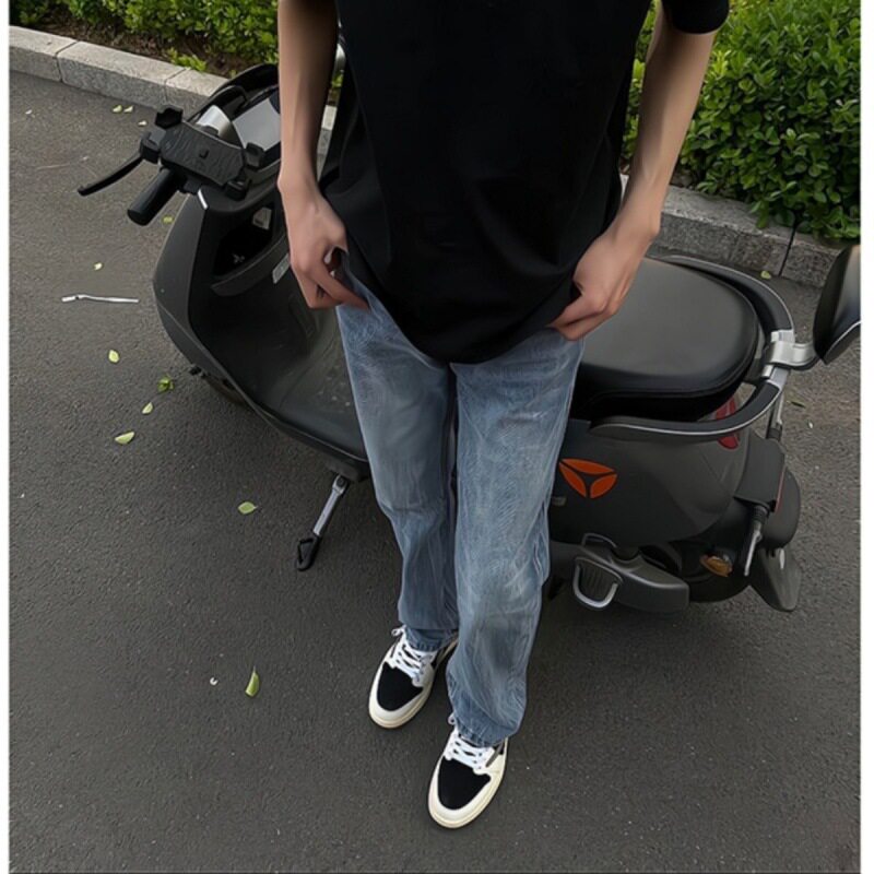 美式夏季潮流高街微喇牛仔裤男直筒vibe闪电纹蓝色cleanfit显瘦