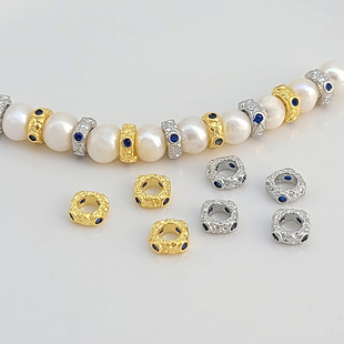 18K包金暗纹大孔蓝锆盘缠珠路路通diy编绳串手链项链隔珠散珠配件