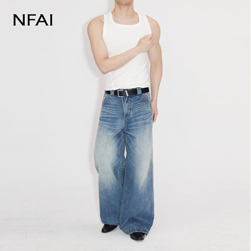 NFAI 25SS 斜门襟牛仔裤 自然水洗/力量廓形/重磅工装