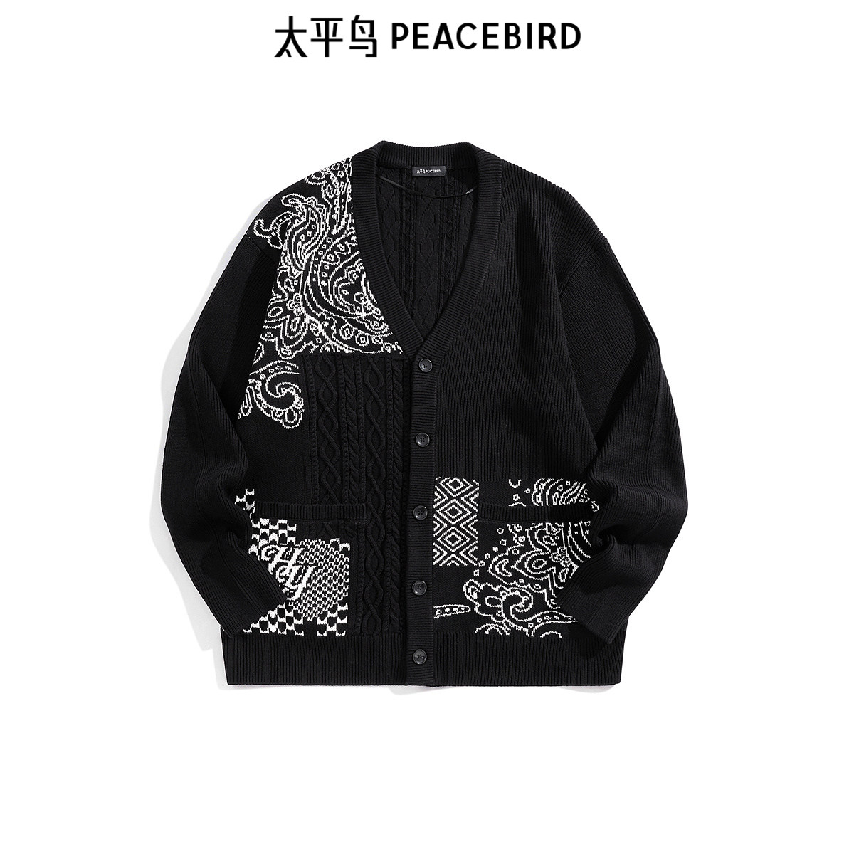 太平鸟男装 休闲毛衫男士经典休闲毛衣潮流拼接腰果花毛衫男上衣