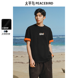 【晚心联名】太平鸟男装重磅刺绣短袖T恤夏新款宽松圆领情侣体恤
